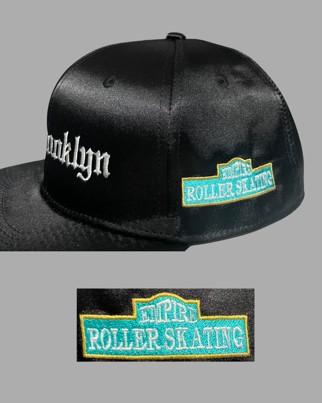 Black cap with 'Ols Brooklyn' and 'Empire Roller Skating' patches on a gray background